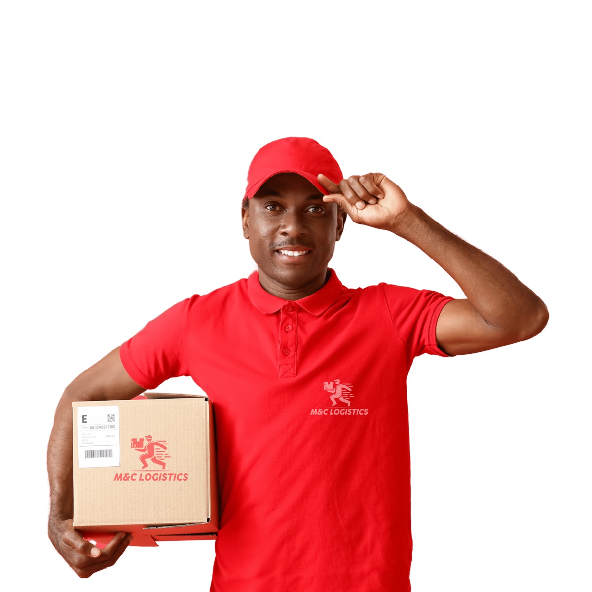 M&C courier in branded cap holding a parcel