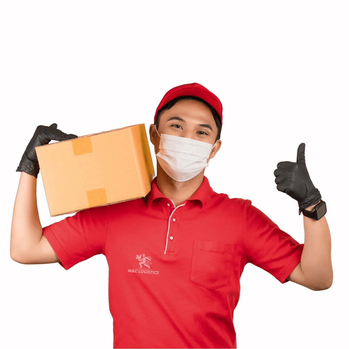 Smiling M&C courier giving a thumbs up
