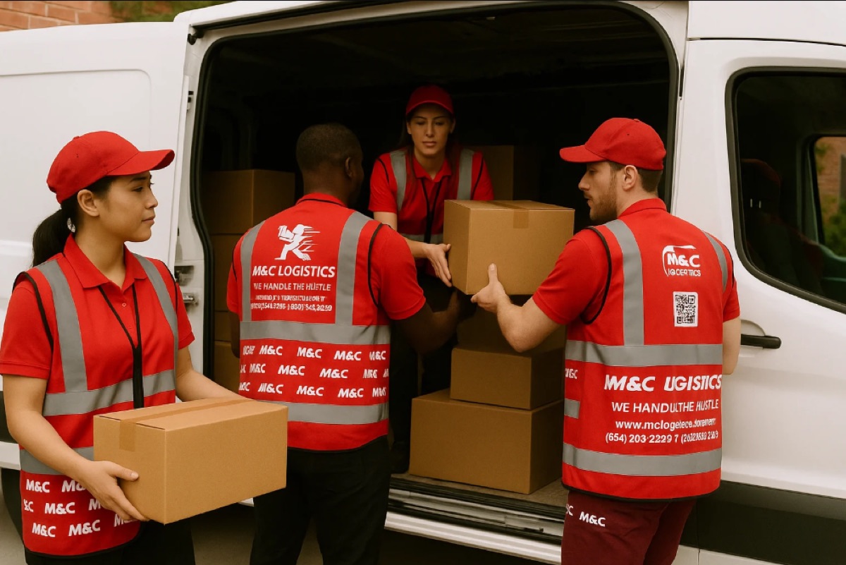 M&C Logistics drivers loading parcels into a delivery van