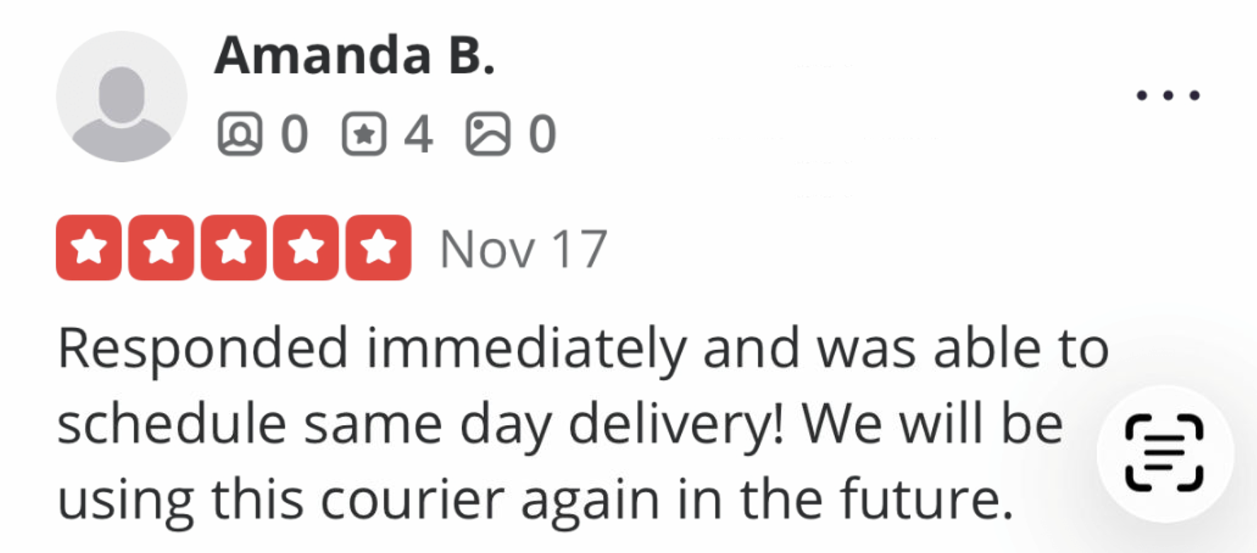 Five-star review from Amanda B.: responded immediately and scheduled same-day delivery.