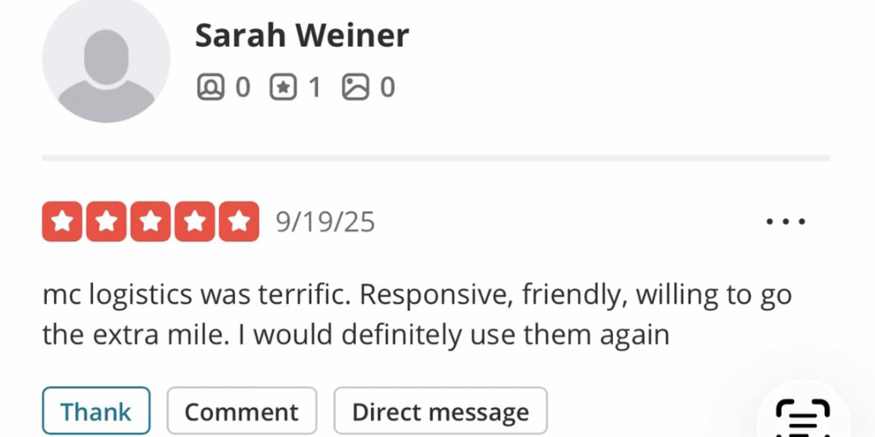 Five-star review from Sarah Weiner: M&C logistics was terrific, responsive, friendly and willing to go the extra mile.